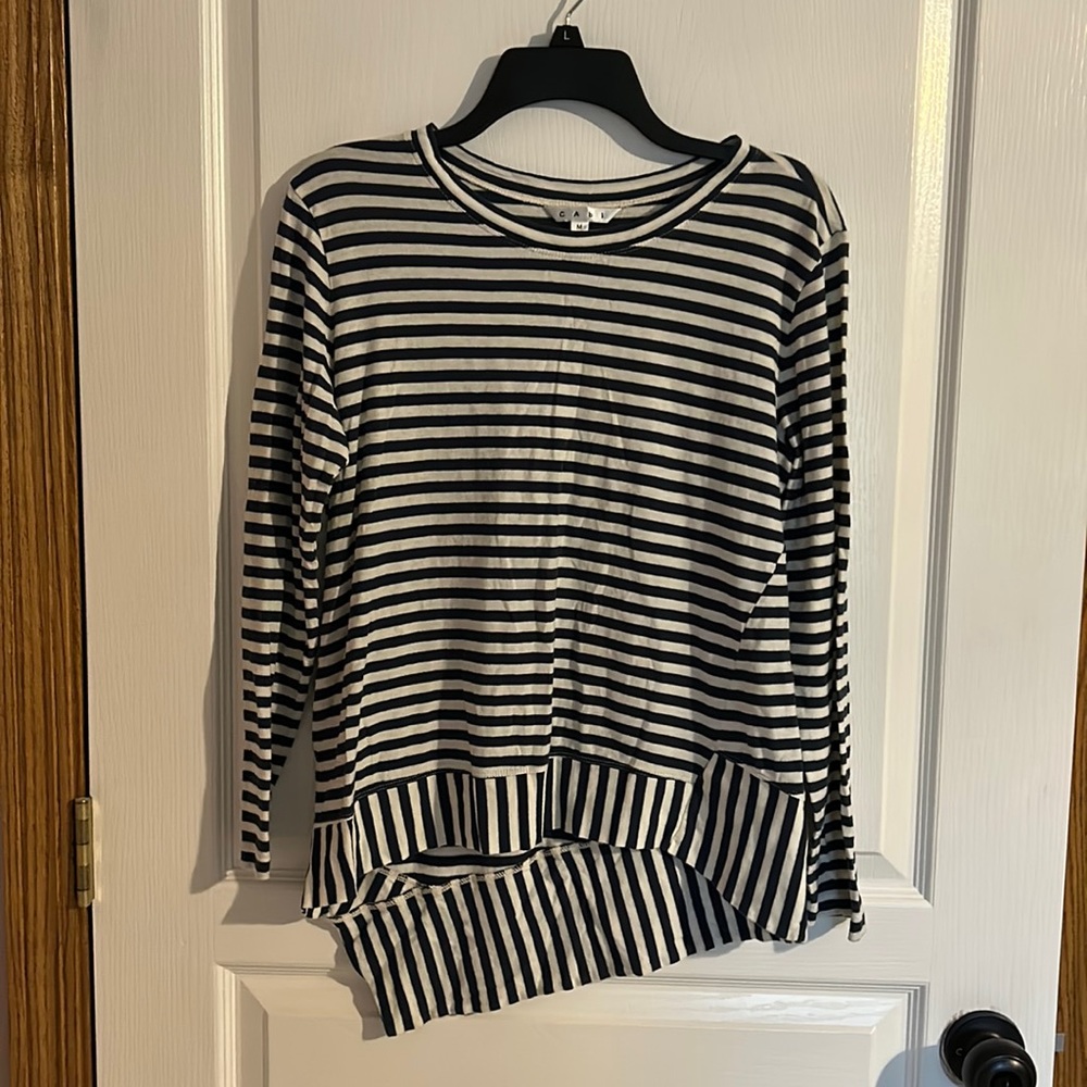 Cabi 256 Bengal Stripe Tee Womens Medium Blue & White Cotton Asymmetrical Hem